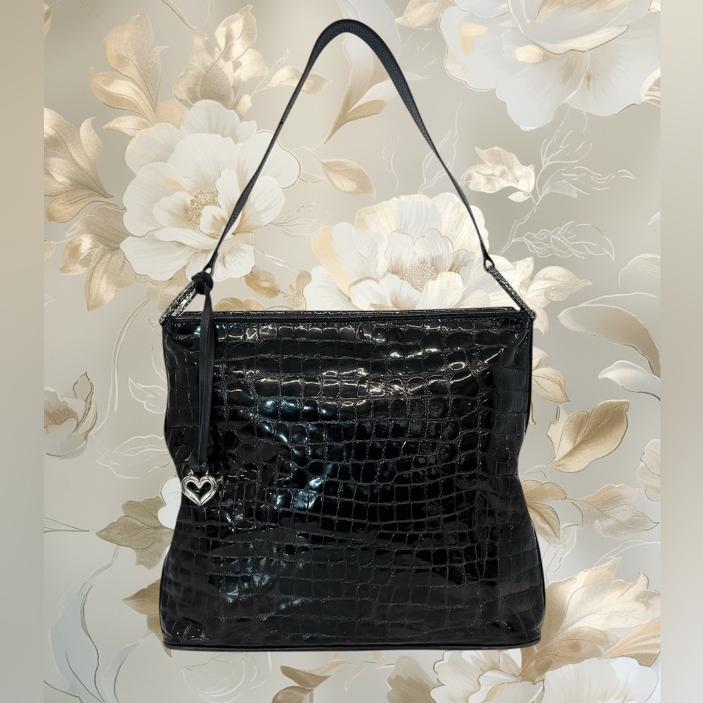 BRIGHTON Cher Crocodile Embossed Black Patent Leather Shoulder Bag Purse 12.5x11